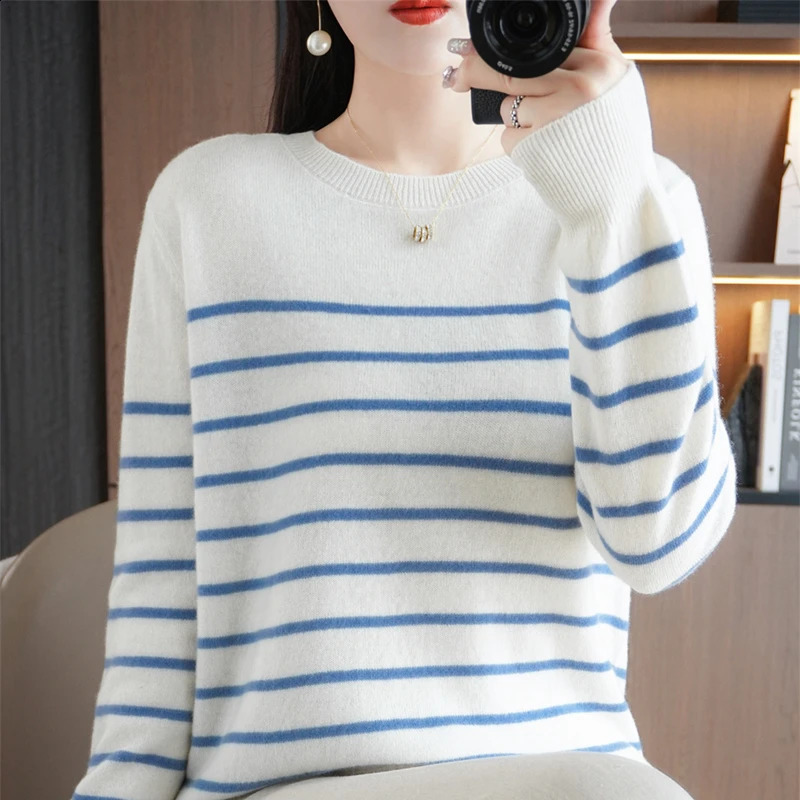 Autumn Winter Women O-neck Color Strip Pullover Wool Blend Fashion Soft Warm Sweater Cashmere Loose Casual Knit Base Top 250819