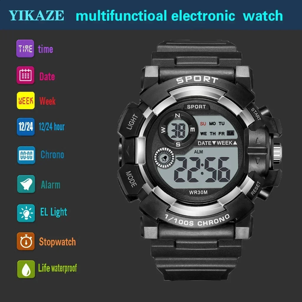 YIKAZE Fashion Sports Watches Men Women Digital Watch Waterproof Luminous Alarm Clock Electronic Wristwatch for Kids Children 250818