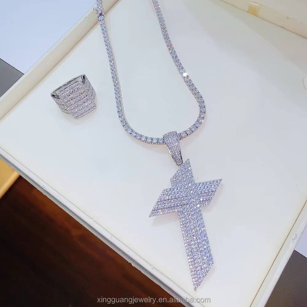 Fashion Real Sterling Solid Silver S925 White Gold Plated VVS Moissanite Round Pendant with Tennis Chain Necklace Jewelry Set