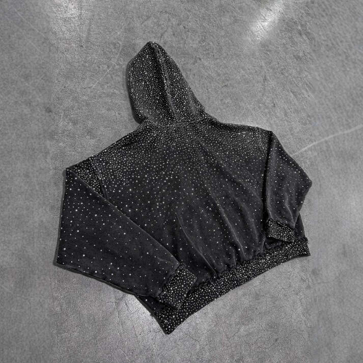 American Street Style Starry Sky Rhinestone Zipper Hooded Black Sweatshirt Hip Hop Autumn Winter Loose Jacket B5
