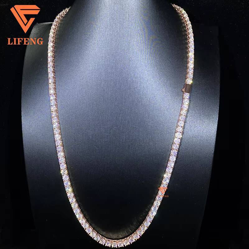 Lifeng Jewelry Iced Out 5MM Rose Gold VVS Mpissanite Tennis Chain Necklace 925 Sterling SIlver Diamond Men Women Necklace Gift