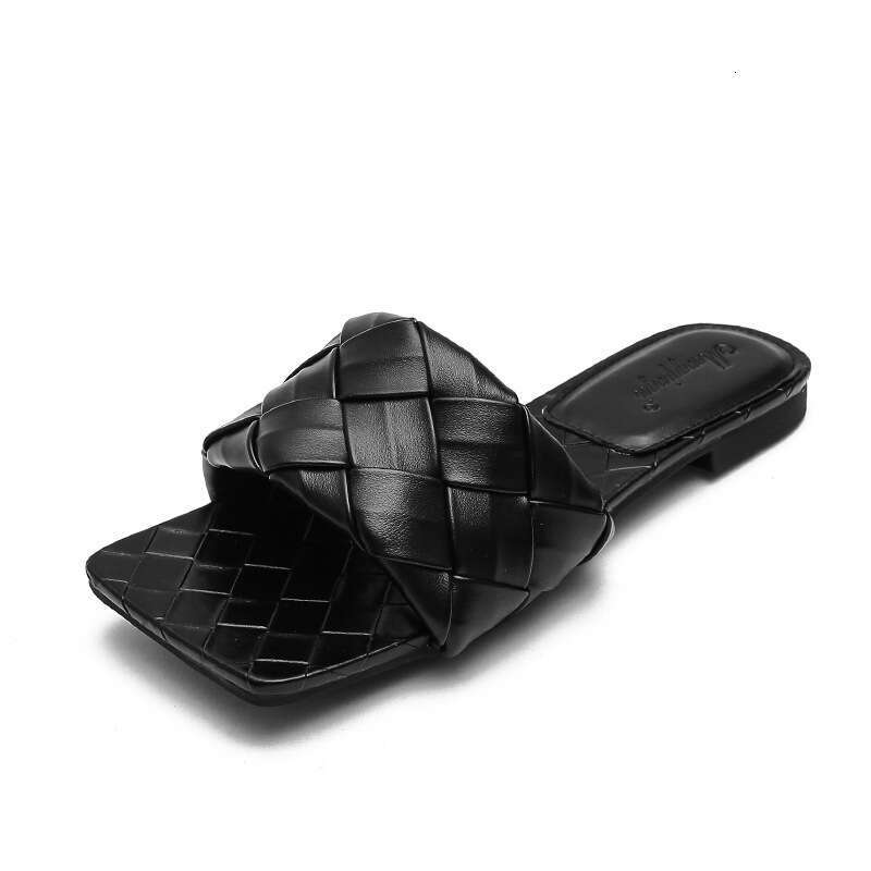 Small Internet Celebrity Slippers for Women, Outdoor Wear, 2022 New Square Toe Woven Flat Sandals, Large Size Lazy Shoes
