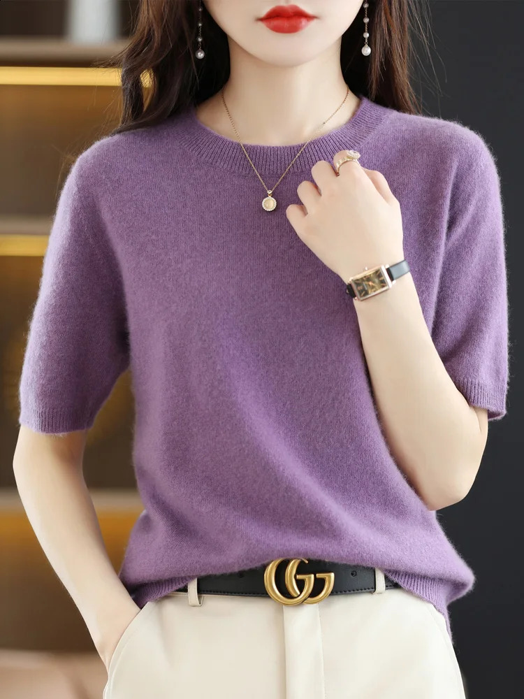 Women Merino Wool Sweater Cashmere Pullover Fashion Basic O-Neck Knitwear Short Sleeve Elegant T-Shirt Clothing Tops 250821