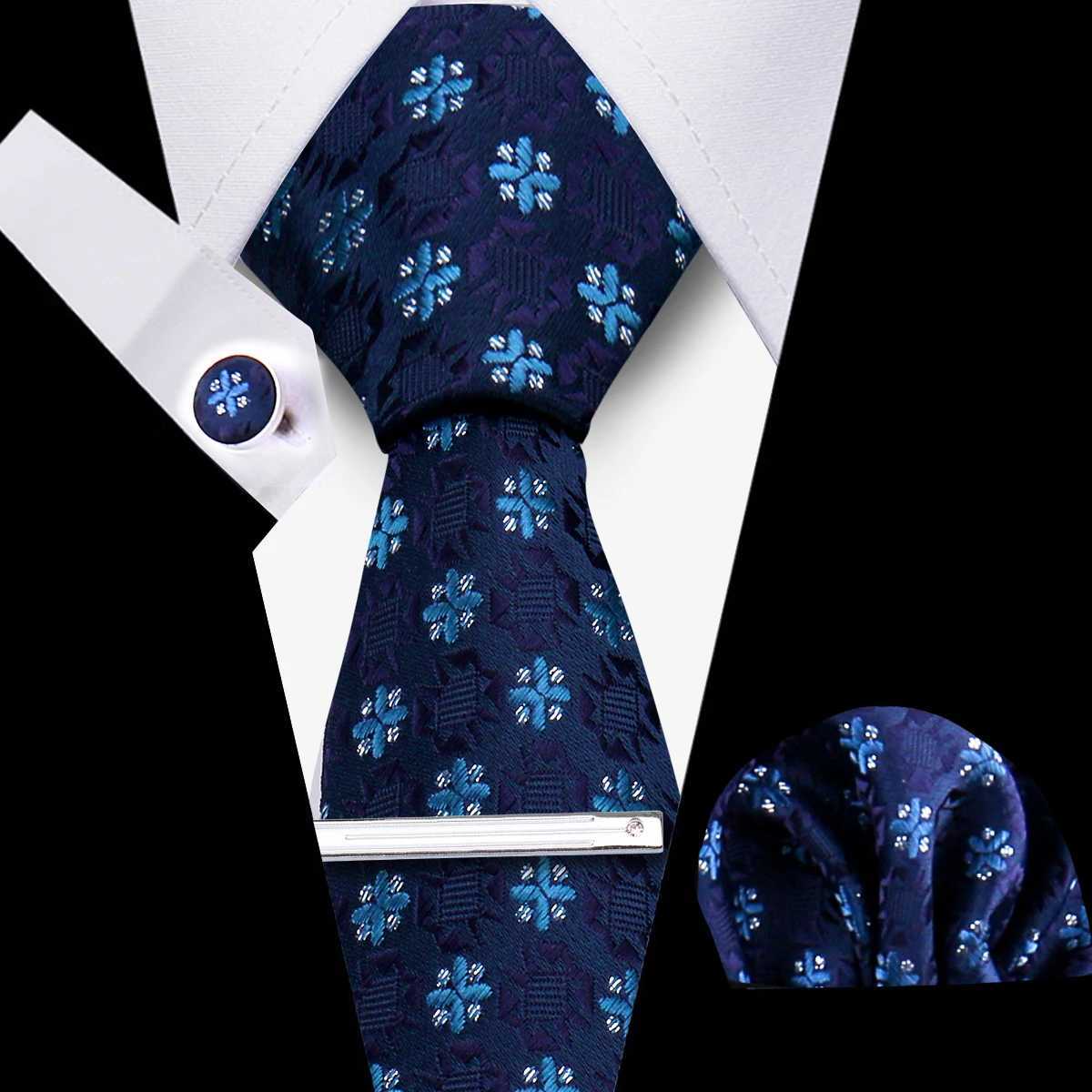 Business Tie For Men Luxury Fashion Necktie Navy Blue 4pcs Set Tie Clip Cufflinks Pocket Square Wedding Suit Accessories Gravata H250820
