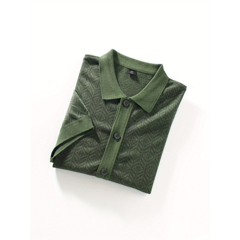 Men's Simple Casual Fashion Turn-down Collar Polo Shirt Youth Knitted Jacquard Cardigan Short Sleeve Top