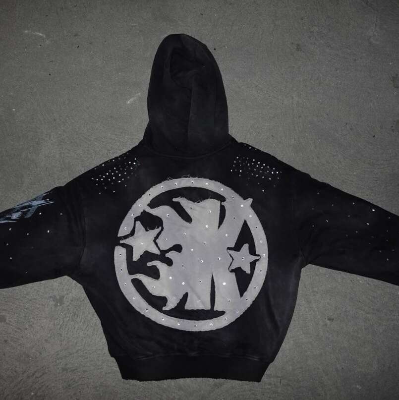 High Street Design Printed Hoodie Zipper Rhinestone Dark Loose Casual Pants Set B5