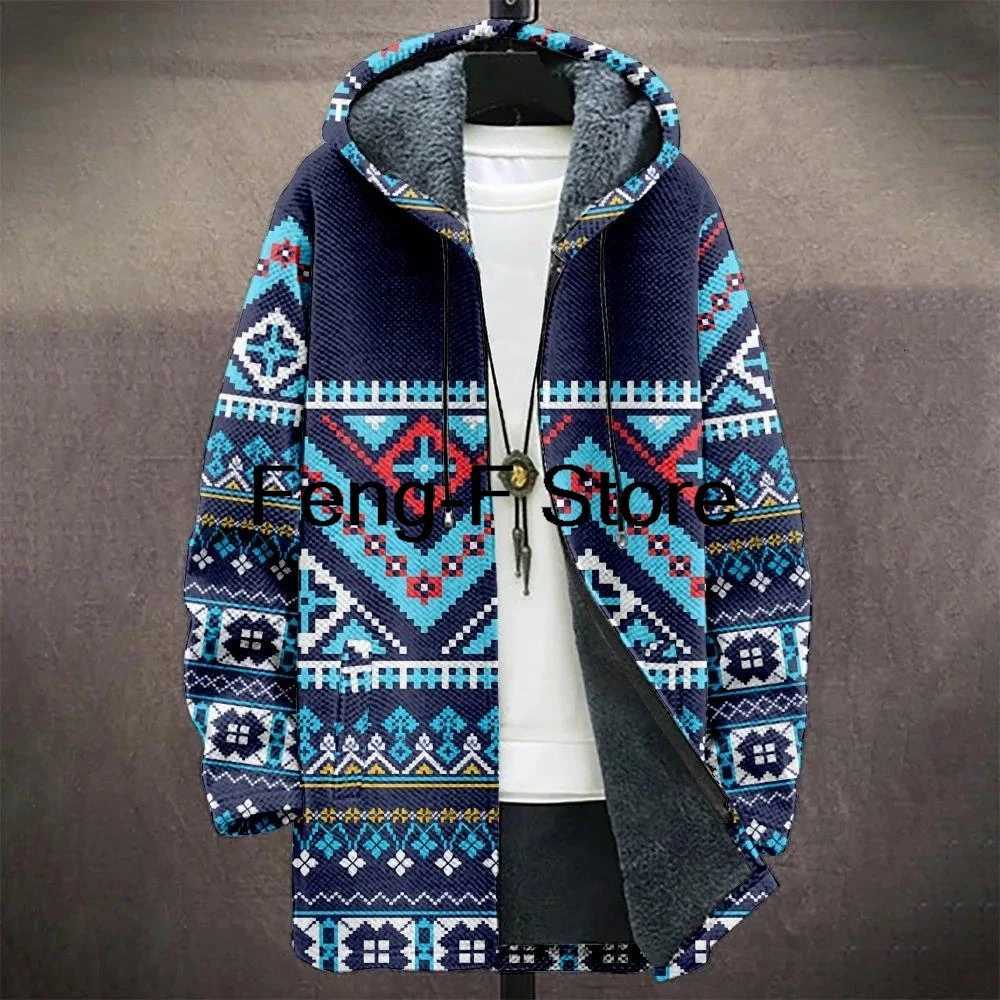 3D Men Jacket Cardigans Native Aztec Graphics Long Coats Printed Mid Trench Outdoor Fleece Winter Casual Streetwear Clothing W250821