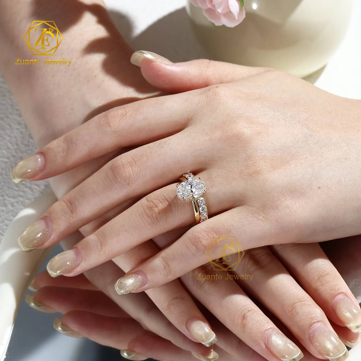 14K Solid Gold Bridal Jewelry Set Customizable 4CT Lab Grown Diamond Engagement Ring Oval Round Cut Diamond Ring Set