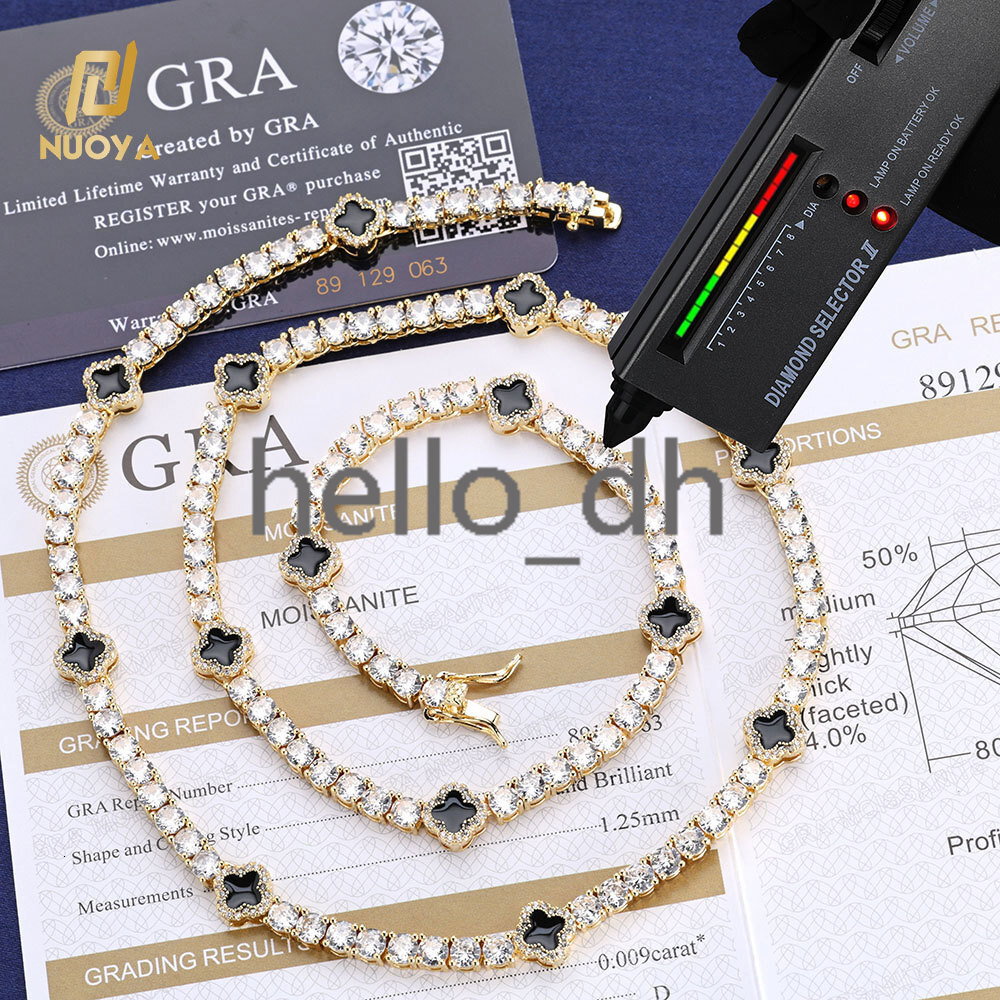 Hip Hop Jewelry 4mm Iced Out Moissanite Tennis Chain Black Four Leaf Clover Tennis Chain Necklace Gift for Men Women