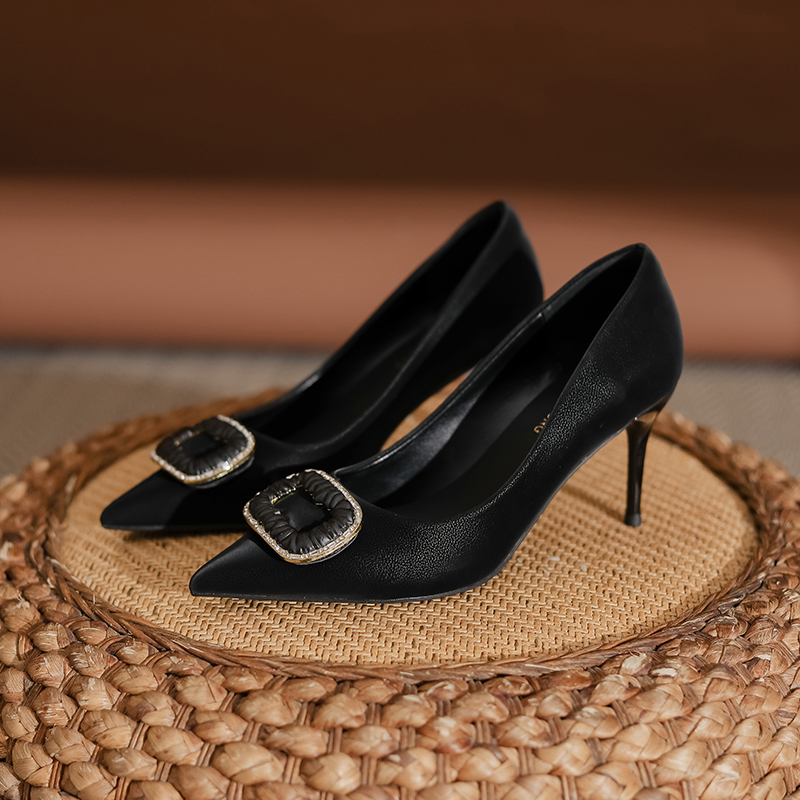 YUANLITONG Pleat Decoration Heels Black Cat Women's Leisure Gentle High Heel Fashion Designer Style Shoes Party