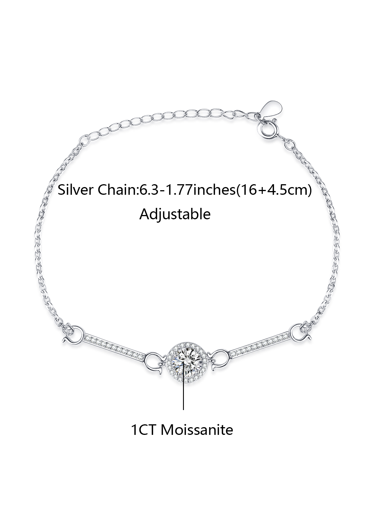 MT Adjustable Sterling Silver Bracelet with D VVS1 1ct Moissanite Pendants Setting, Moissanite bracelets Diamond-Alternative Gift for Women with Certi