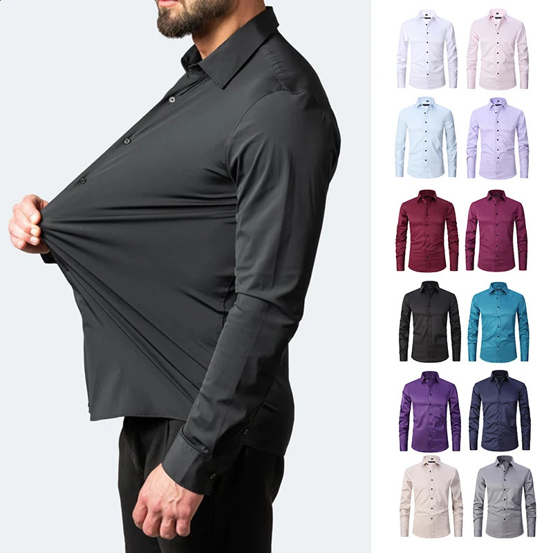 Plus Size 7XL 6XL High Elasticity Seamless Spandex Shirt Men Long Sleeve Slim Fit Casual Solid Color Social Formal Dress Shirts 250905
