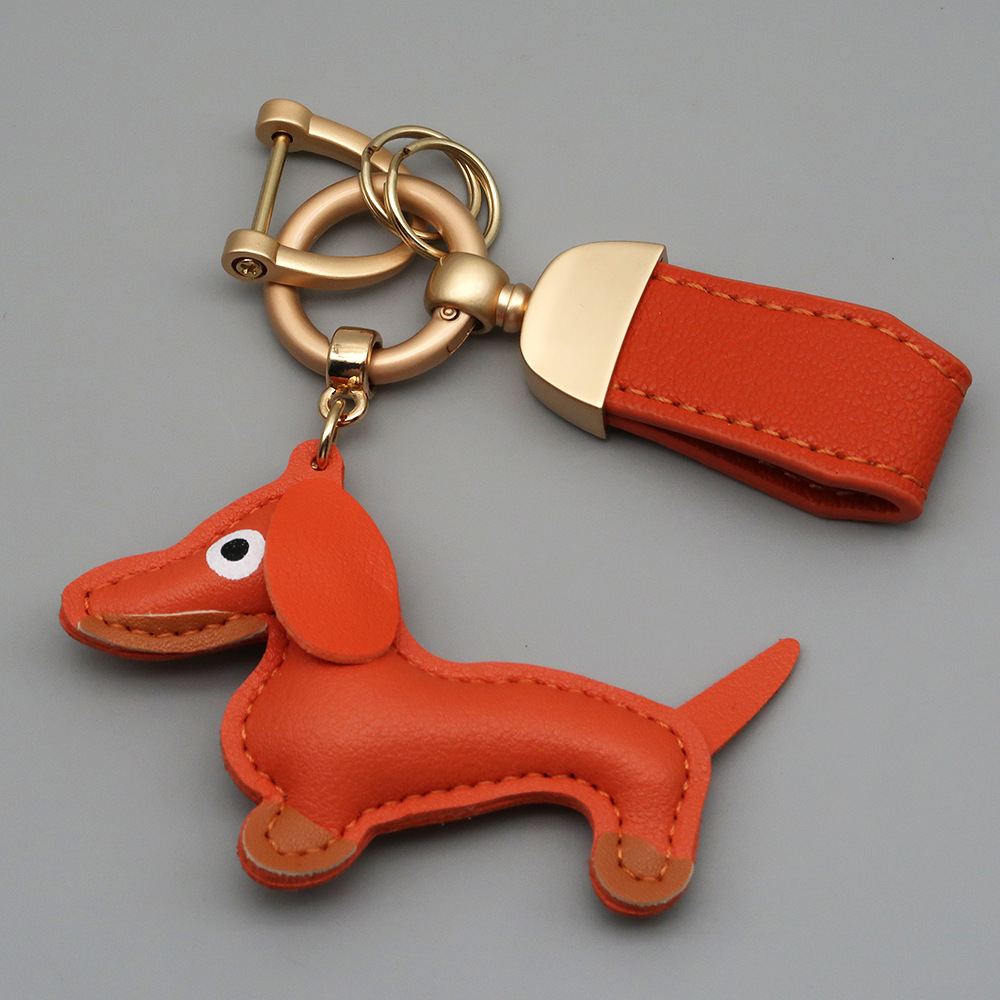 New Arrival Goat Grain Leather Keychain Cute Dachshund Dog Charm Car Key Holder Premium Braided Lanyard Women Bag Charms Accessory (Custom Logo Availa