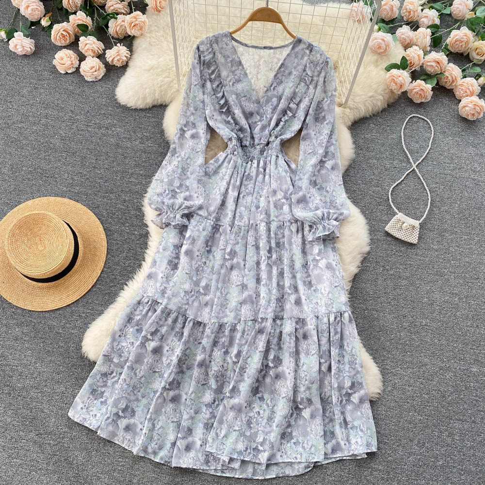 Autumn Style Fairy Tale Long Skirt Bubble Sleeve Stand Collar Lace Trim Floral Print Chiffon Dress Slimming A- Line Dress 250326