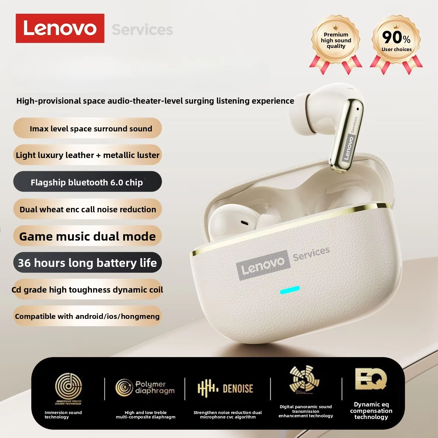 LenovoService Wireless Headphones TWS 6.0 Bluetooth Earphones Breathing Light Display Long Battery Music LE208 Game ENC Noise Cancelling Earbuds