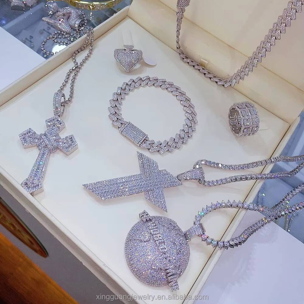 Fashion Real Sterling Solid Silver S925 White Gold Plated VVS Moissanite Round Pendant with Tennis Chain Necklace Jewelry Set