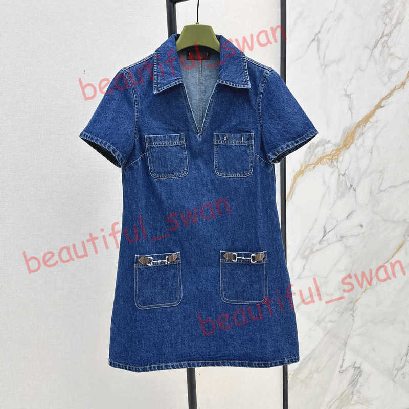 Designer Basic & Casual Dresses for women mirror quality V-neck Denim Dress High Quality Lapel short sleeve dresses for woman elegant size SML