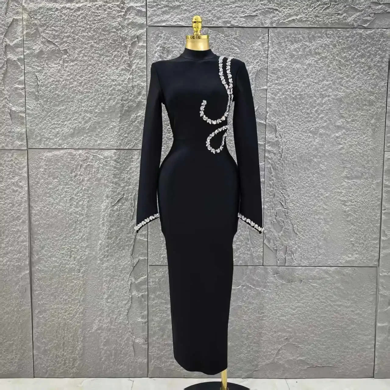 Black Red Women Long Sleeve Shinning Crystal Bodycon Bandage Dress Elegant Evening Party Cocktail Outfit Vestido 250821