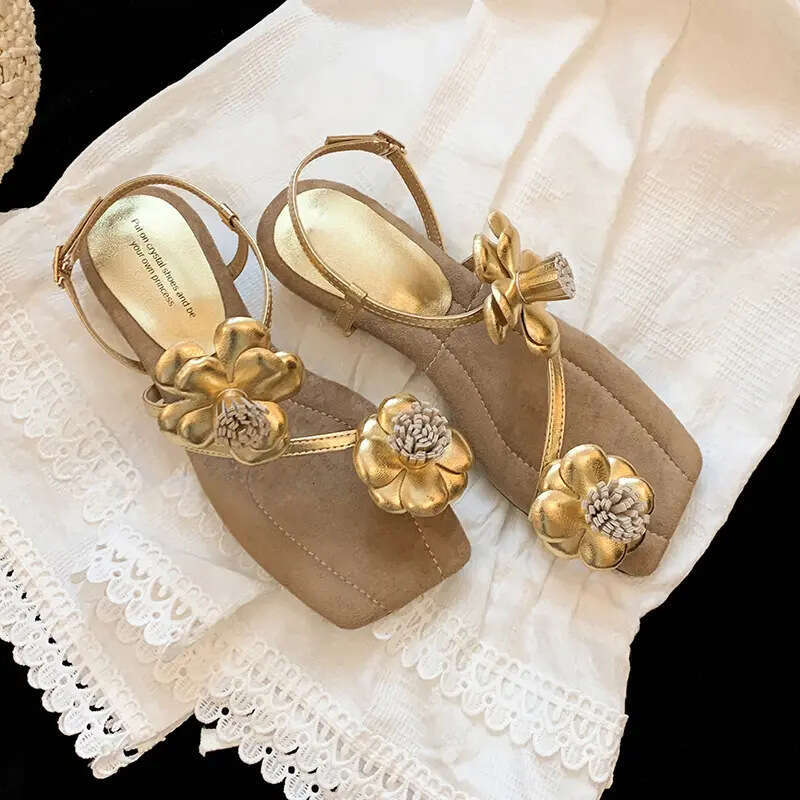 Sheepskin Version ~ Summer New Style Small Fragrance Open Toe Square Head Camellia One-Strap Women Flat Sandals