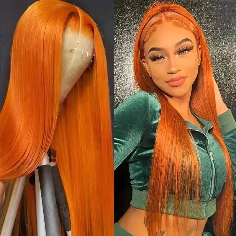 Fashionable Natural Orange Long Hair High Density Wig For Women Lace Frontal Wig Preplucked Hairline Gluelesss Voluminous Full Day Synthetic