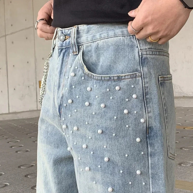 Fmxires Y2K American Retro Pearls Stacked Jeans Men Straight Leg Stretchy Denim Bottoms Males Fashion Clothes 250820