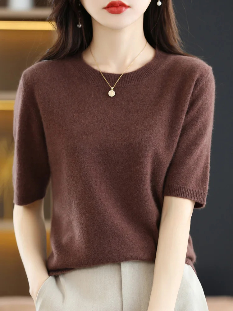 Women Merino Wool Sweater Cashmere Pullover Fashion Basic O-Neck Knitwear Short Sleeve Elegant T-Shirt Clothing Tops 250821