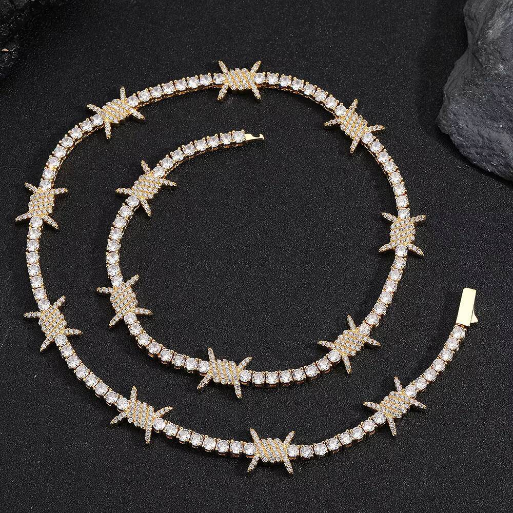 High quality hip-hop style white gold tennis necklace with spring clasp diamond spikes and diamond inlaid links chain.