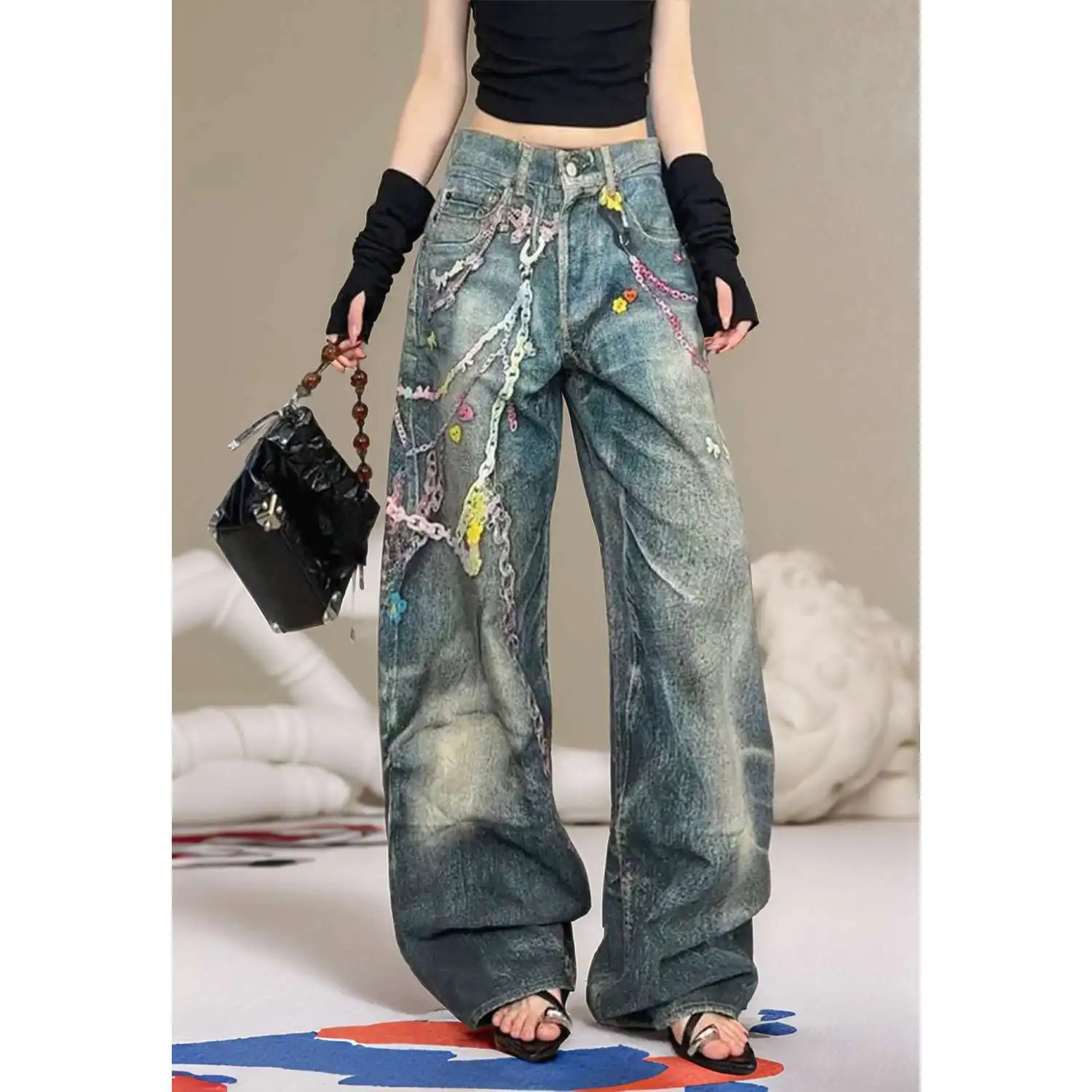 Womens Rainbow Print Palazzo Jeans Retro High Waist Wide Leg Trousers 2024 Summer Candy Color Chain n Street Style Pants 250820