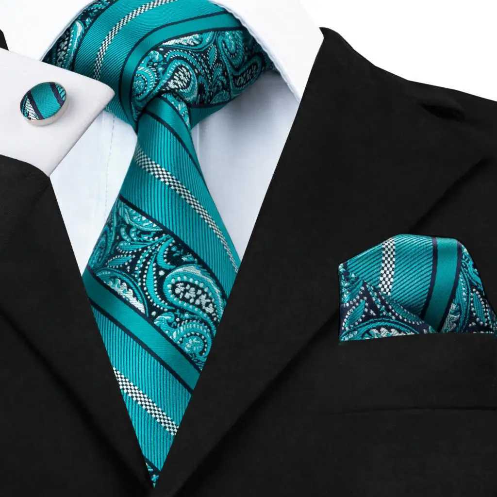 Teal Green Striped Luxury Designer Silk Wedding Tie For Men Handky Cufflink Mens Necktie Fashion Business Party Dropship Hi-Tie H250820