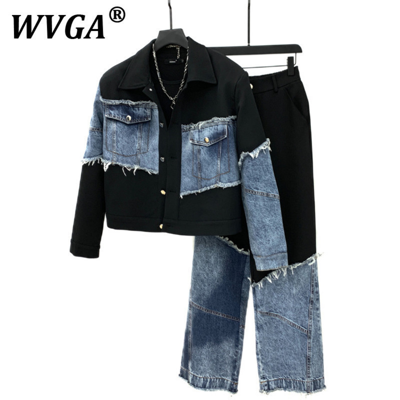 WVGA Spring Autumn Man Stylish Denim Patchwork Short Jacket Trendy Niche Casual Straight Suit Pants TwoPiece Set W9219 250820
