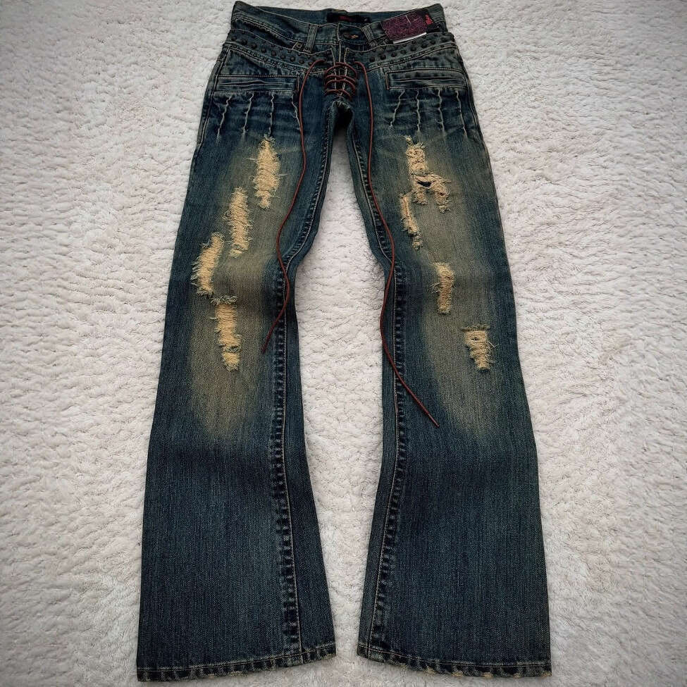 Summer Y2k Washed Jeans Gothic Style Flared Double Waist Long Pants Unisex Streetwear B5