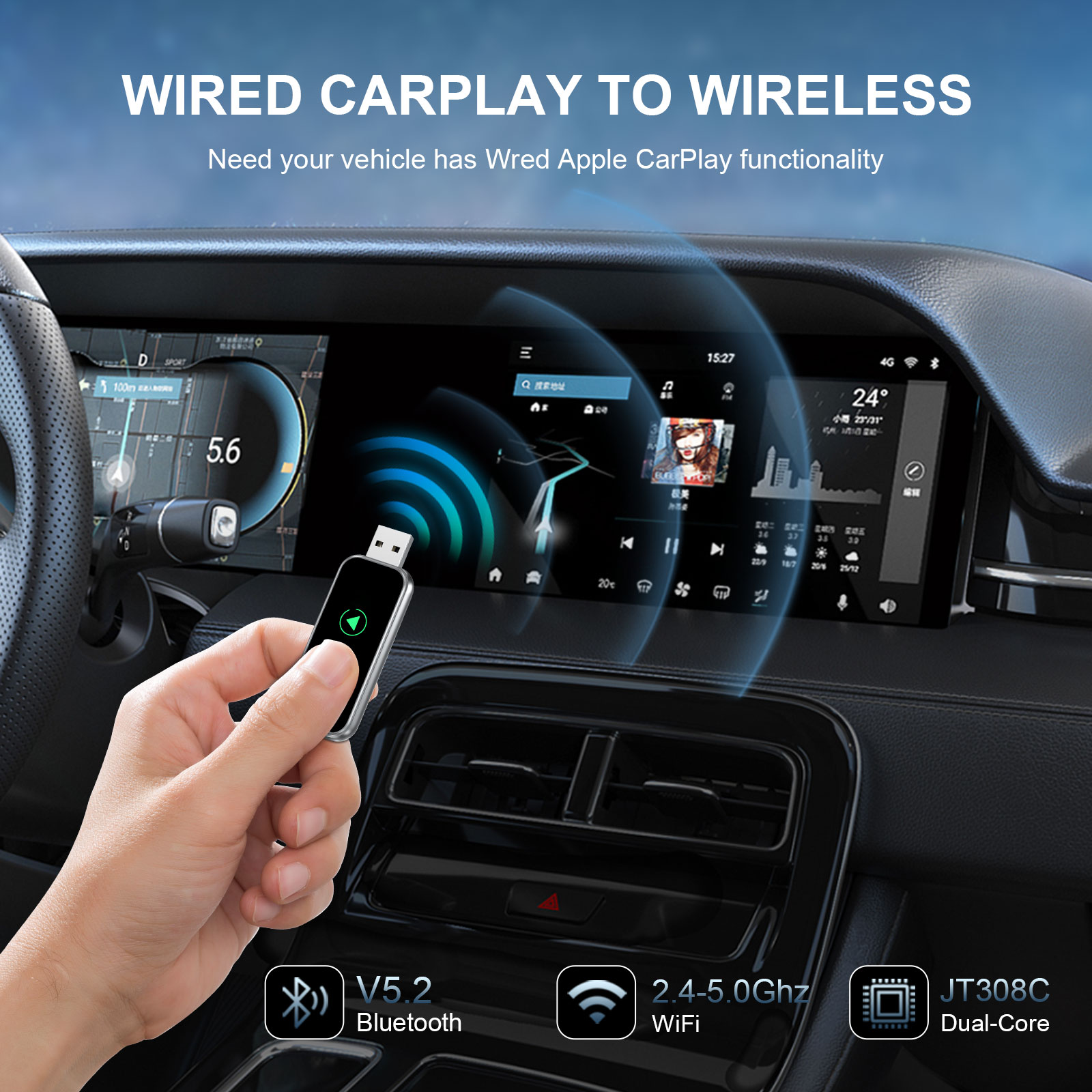 KOWANKIT Wireless CarPlay Android Auto Ai Box, Plug & Play Dongle Converts Wired To Wireless, 2in1 Car Accessories, No Delay, Vehicle Multimedia Upgra
