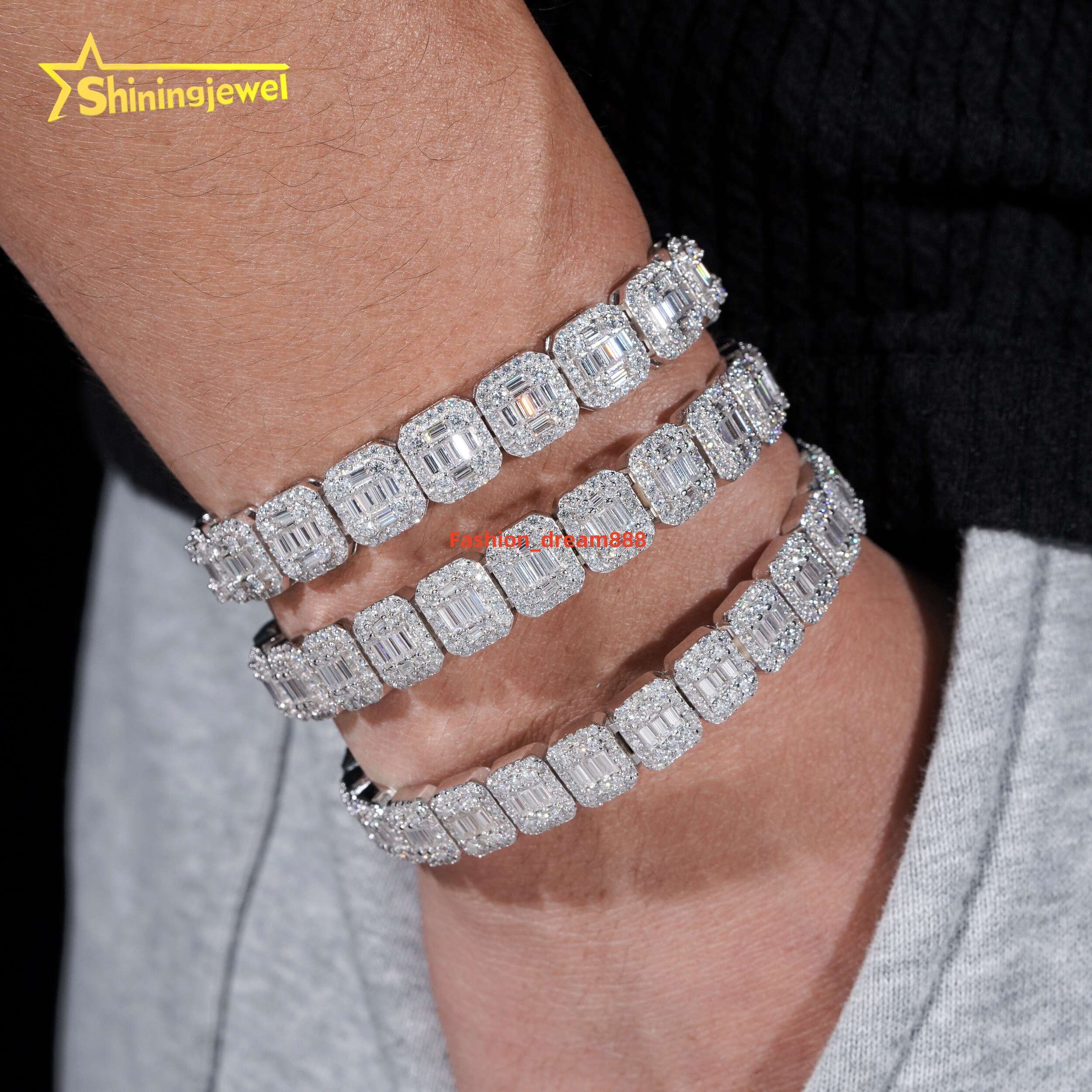 3 Styles Fashion Men 10mm Baguette Cut VVS Moissanite Solid 925 Silver Hip Hop Jewelry Iced Out Cuban Link Chain Bracelet