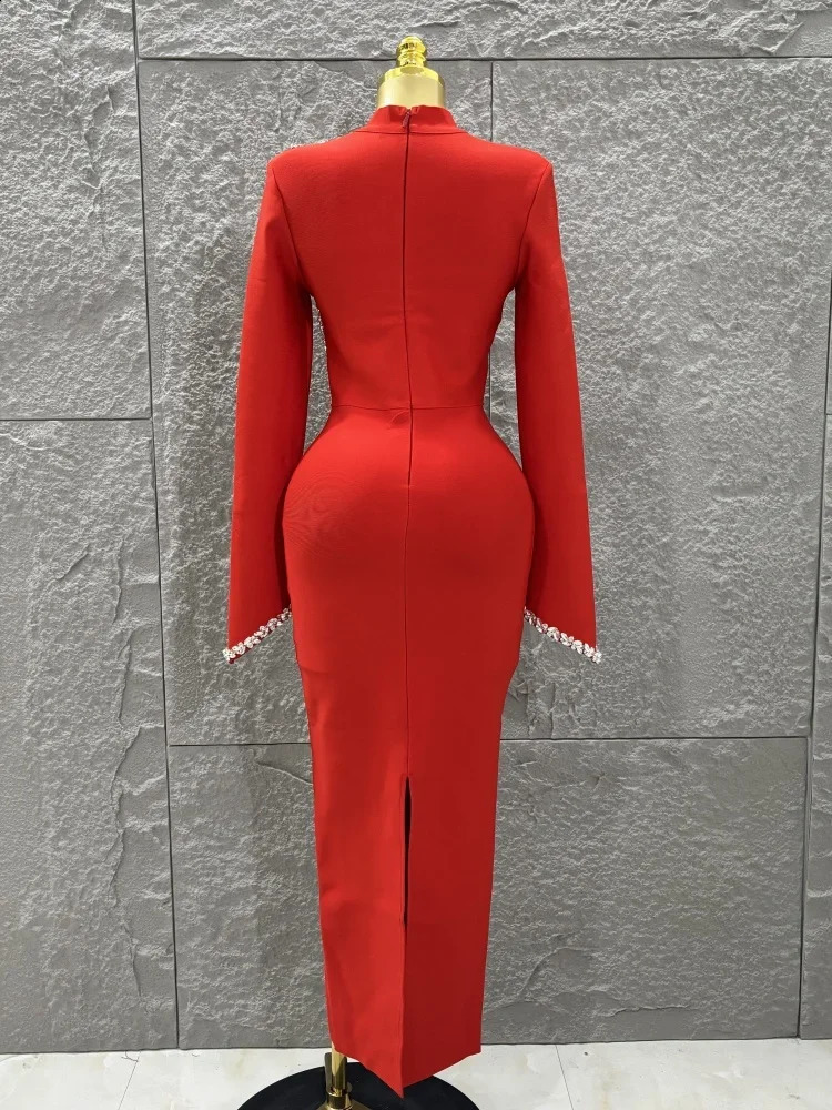 Black Red Women Long Sleeve Shinning Crystal Bodycon Bandage Dress Elegant Evening Party Cocktail Outfit Vestido 250821