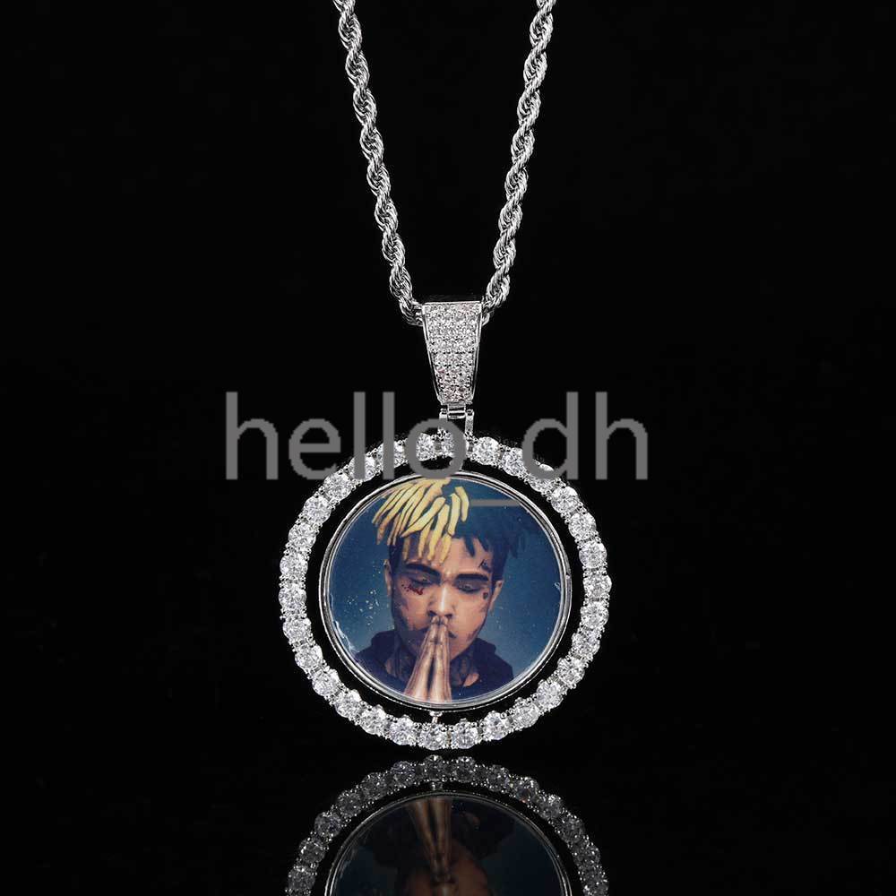 Custom 925 Silver Moissanite Photo Pendant Double Sided Rotating Circle Iced Out Personalized Memory Picture Pendant
