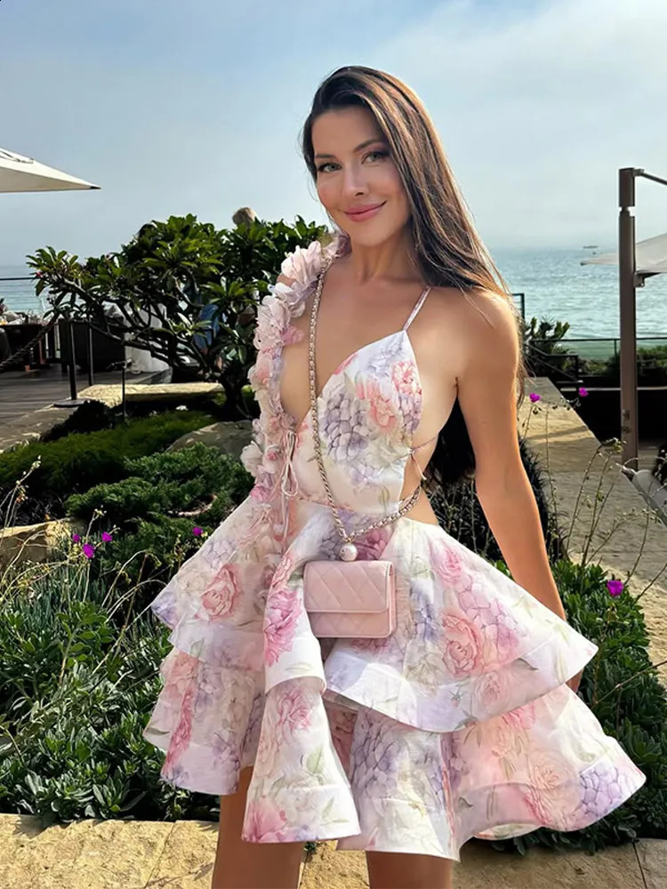 Backless Party Dress Women Elegant 3D Flower Print Sling Lace Up Ruffle A-line Mini Evening Dresses Female Summer Swimwears 250821