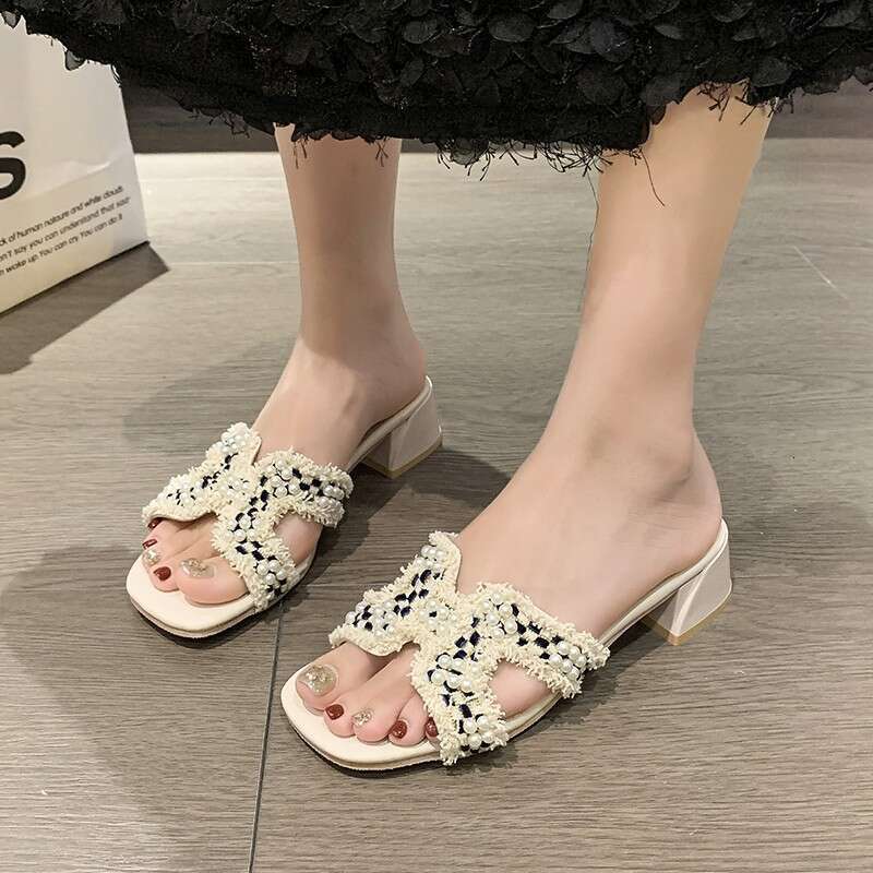 2025 Summer New Chanel-Inspired Women's Outdoor Thick Heel Mid-Heel 4cm Slide Fairy Style Cool Sandals Versatile