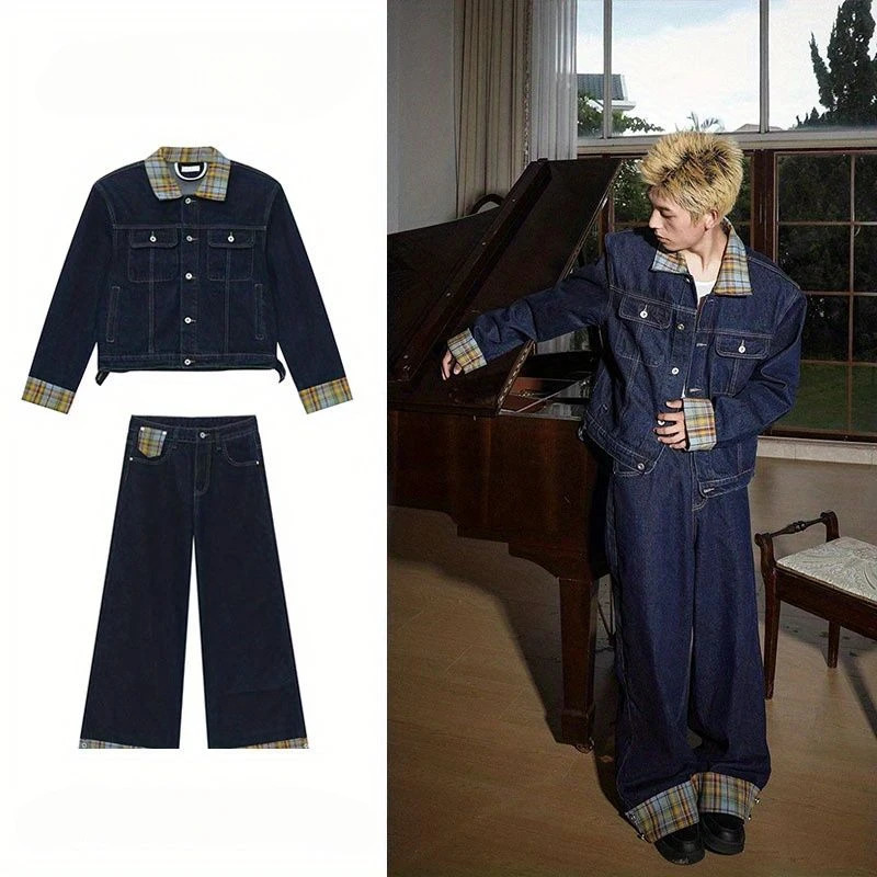 Two-piece Set Loose Spliced Denim Coat Vintage Plaid Irregular Splicing High-end Denim Suit Jeans Punk Retro Pockets Suit 250818