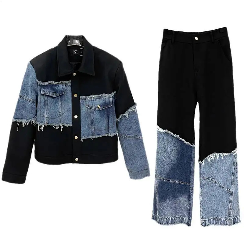 WVGA Spring Autumn Man Stylish Denim Patchwork Short Jacket Trendy Niche Casual Straight Suit Pants TwoPiece Set W9219 250820