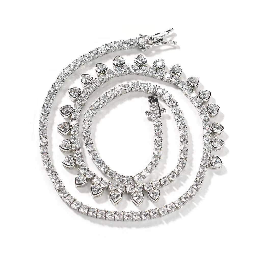 Ladies punk fashion 2mm 3mm tennis chain ice cube diamond heart pendant necklace for wedding party gift anniversary