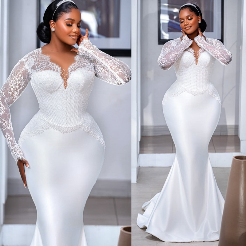 Plus Size Off White Aso Ebi African Wedding Dress Bridal Gown For Bride Mermaid Wedding Gowns Sheer Neck Long Sleeves Beaded Lace Rhinestones Bridal D