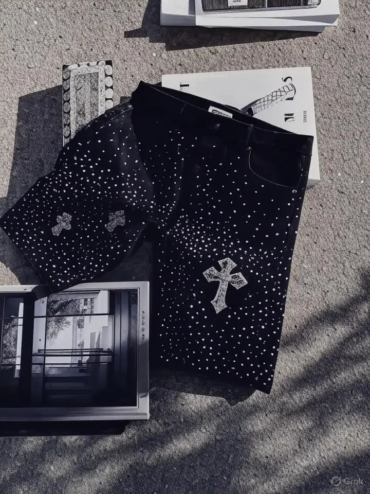 Streetwear Punk Sparkle Cross Denim Shorts Mens Black Studded Baggy Jeans with Distressed Frayed Hems Y2K Vibe 250820