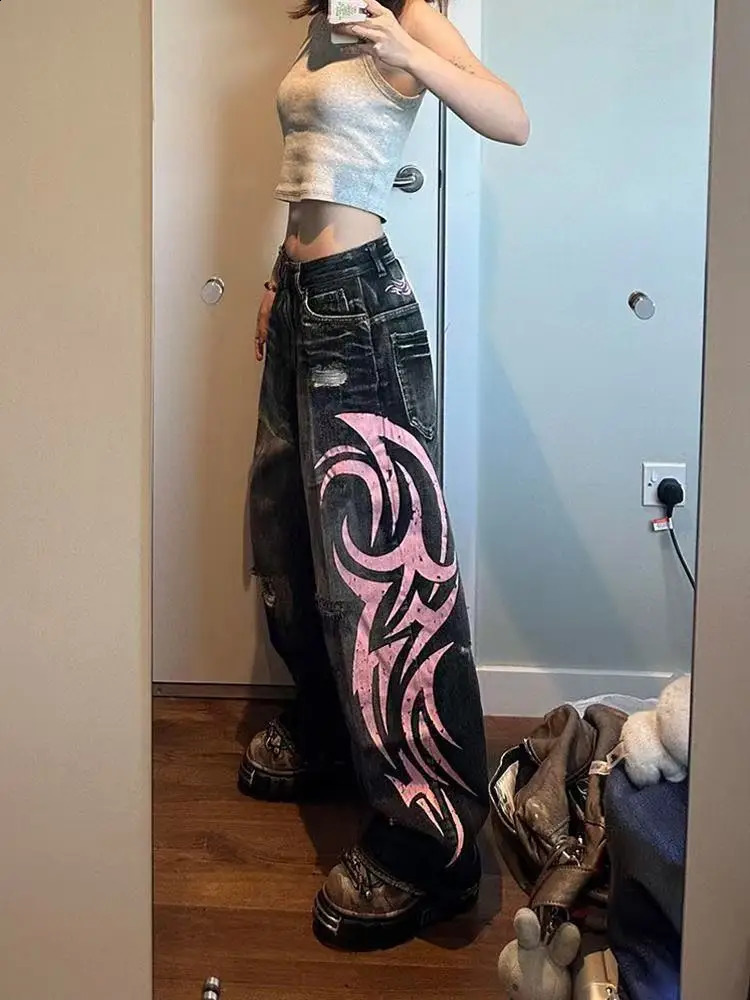 Y2K Street Retro Jean Mottled Totem Print Loose Pants Fashion Hip Hop Trend Couple American Straight Wide Leg 250820