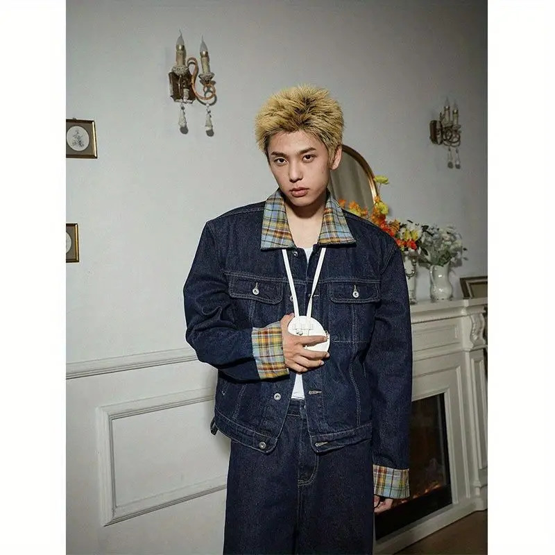 Two-piece Set Loose Spliced Denim Coat Vintage Plaid Irregular Splicing High-end Denim Suit Jeans Punk Retro Pockets Suit 250818