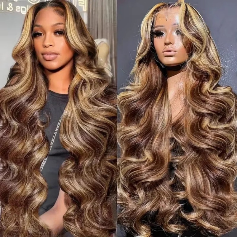 Highlight Ombre Brown Body Wave High Density 13x6 Human Hair Wig Honey Blonde Colored Hd Transparent Lace PrePlucked Gluelesss Wigs For Women