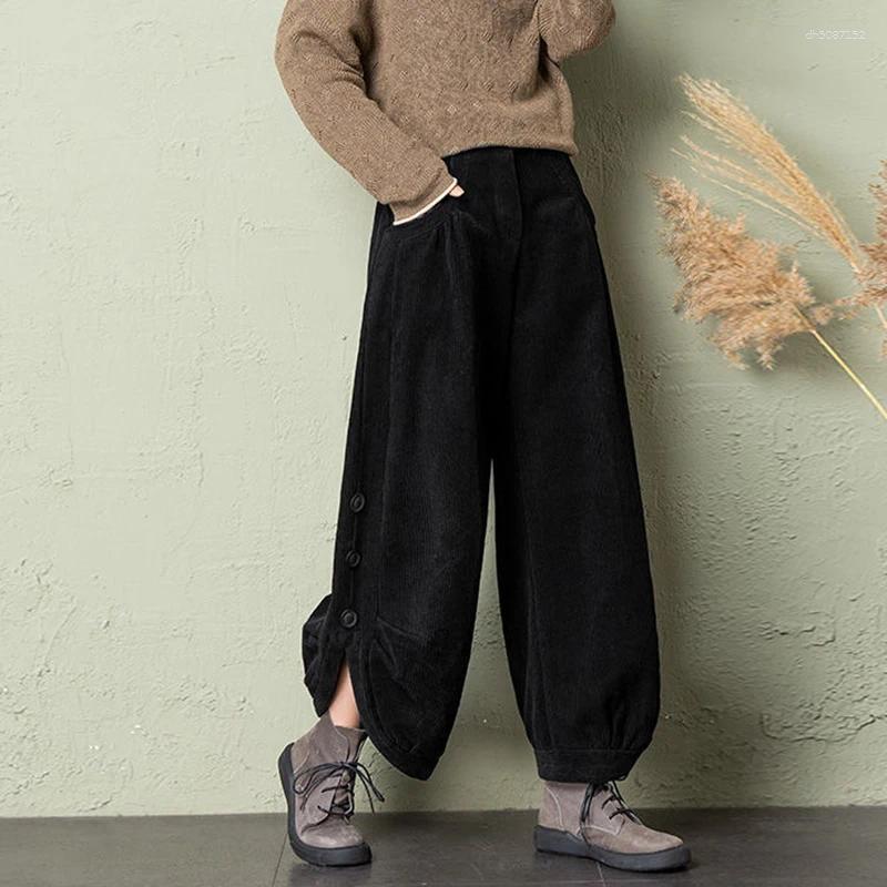 Women's Pants Korean Corduroy Women Fall Winter Plush Warm Loose Casual Harem Trousers Retro High Waist Button Streetwear Wide Leg Z260314