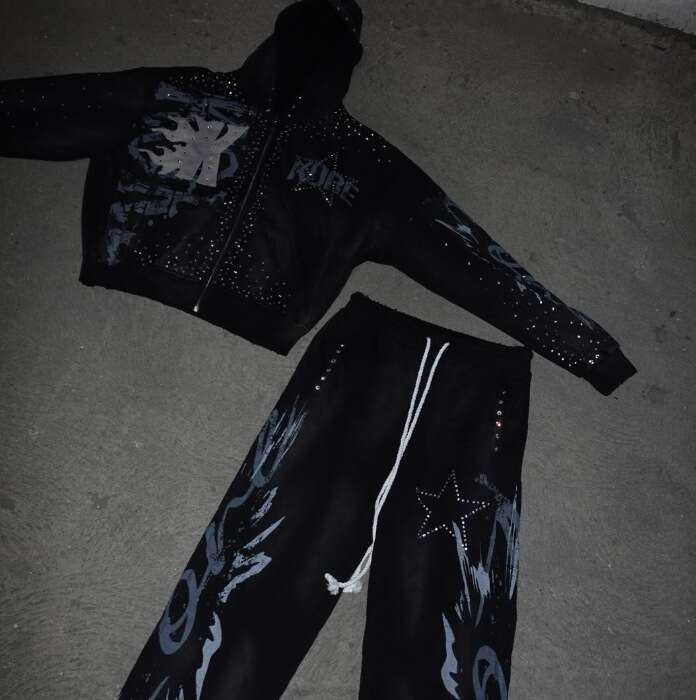 High Street Design Printed Hoodie Zipper Rhinestone Dark Loose Casual Pants Set B5