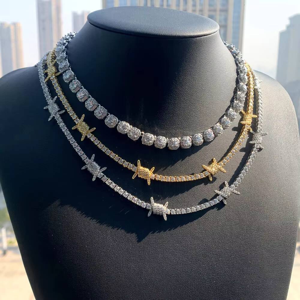 Hip Hop Diamond Necklace Jewelry Miami Tennis Link Chain Iced Out Barbed Wire Tennis Necklace for Men Accessories