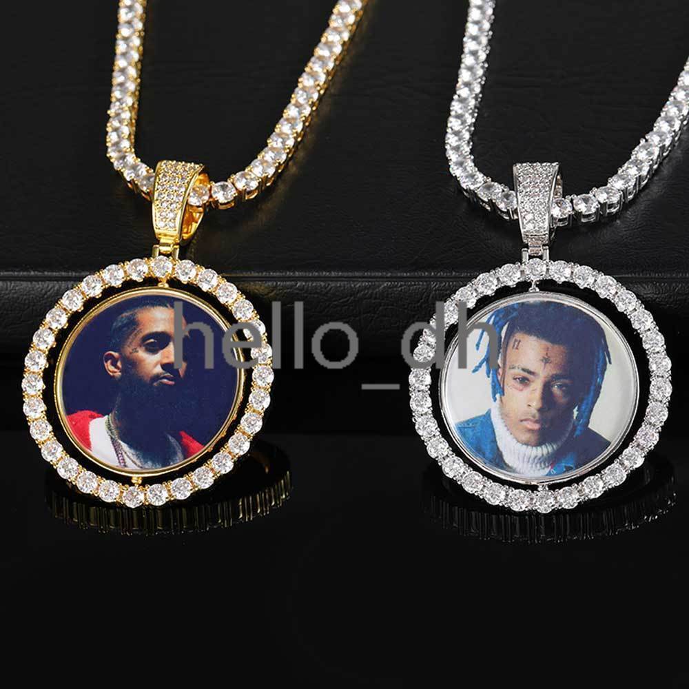 Custom 925 Silver Moissanite Photo Pendant Double Sided Rotating Circle Iced Out Personalized Memory Picture Pendant