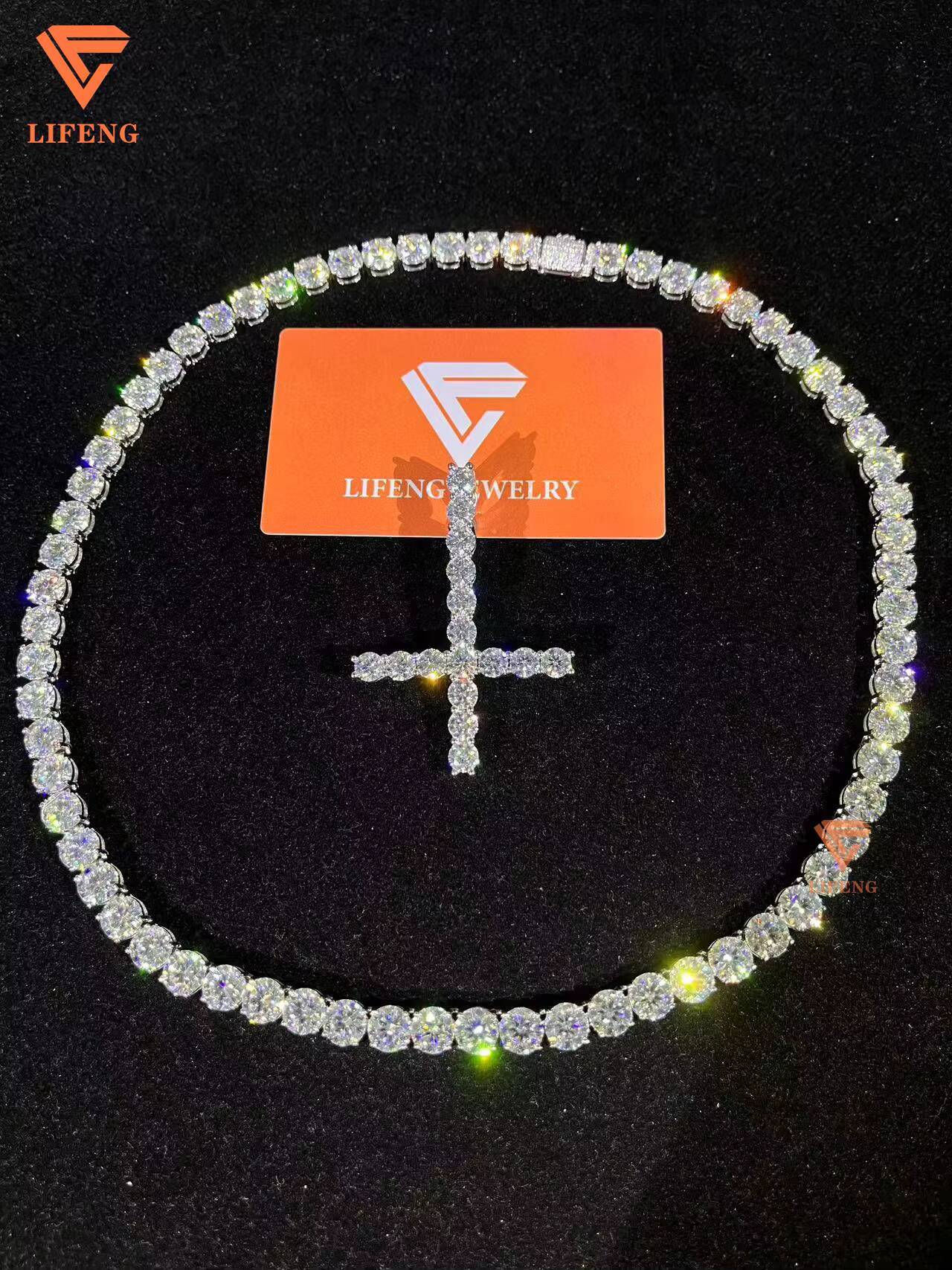 Lifeng Jewelry Ice Out Hiphop Tennis Chain Necklace 8mm VVS Moissanite Sterling Silver Diamond Bling White Gold Necklace
